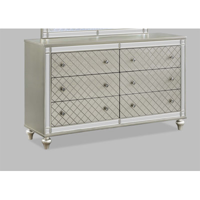 Modern 6-Drawer Bedroom Dresser With Diamond Patterned Fronts And Silver Finish, Perfect For Elegant Storage Solutions.