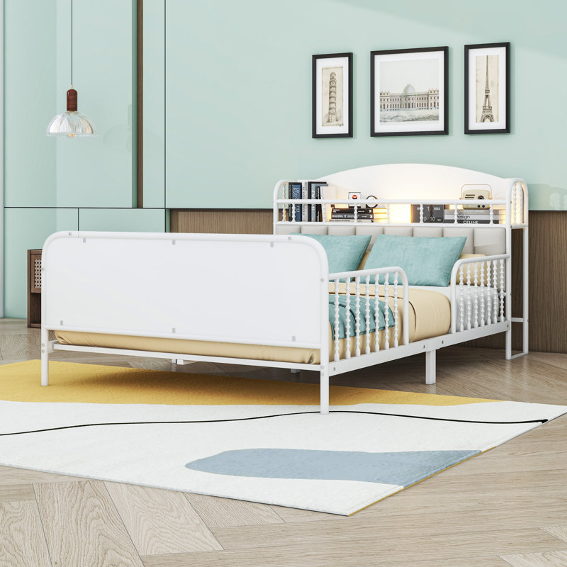 Metal Platform Bed With LED Light Strip, Safety Guardrails And Storage Shelf, Full, White