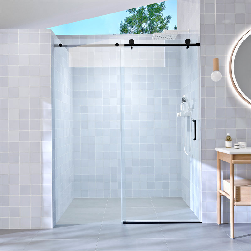 Porte de douche coulissante simple, porte coulissante sans cadre pour salle de bain, Noir mat