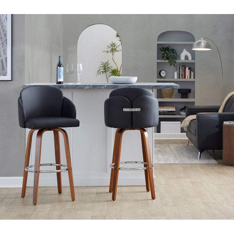 Tabouret de bar à hauteur fixe en bois de noyer et similicuir noir avec repose-pieds rond chromé - ensemble de 2, Gris