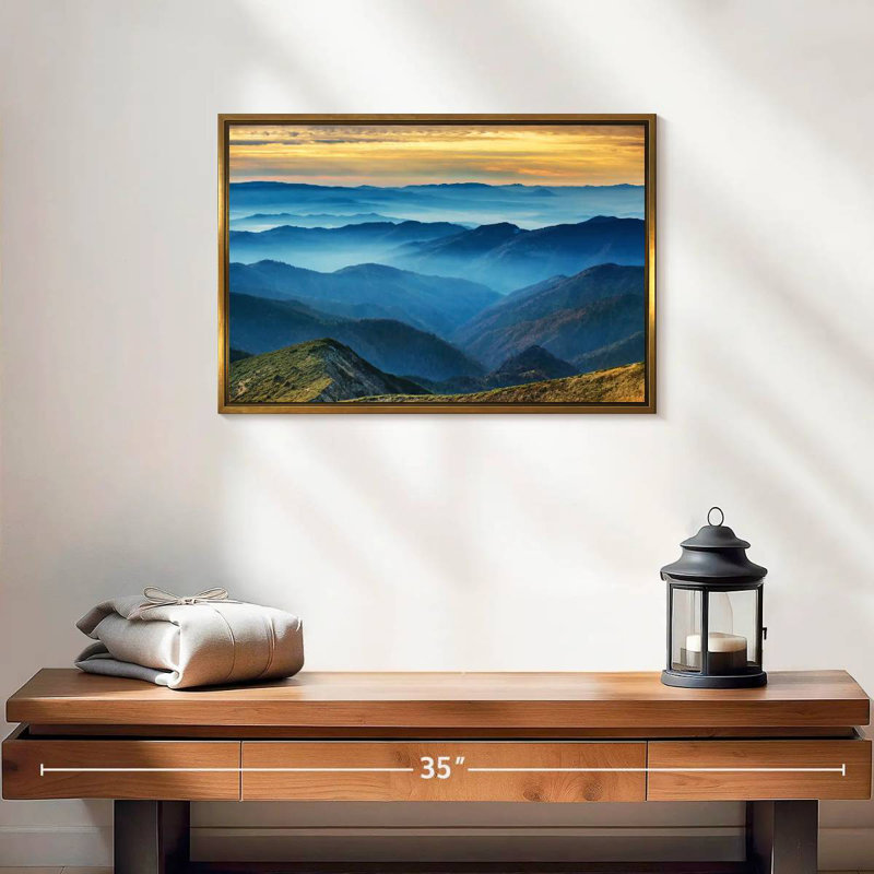 Paysage de montagne apaisant, Cadre flottant doré, 19 po x 13 po