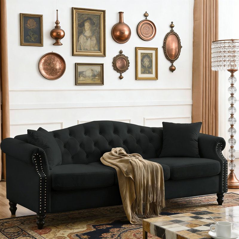 Canapé Chesterfield de 79 po en velours 3 places avec mousse haute résilience et conception ergonomique, canapé capitonné pour un confort ultime, comprend 2 coussins