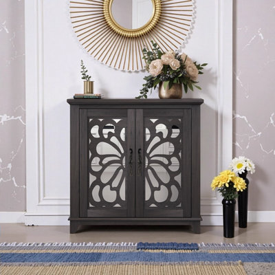 Élégant buffet brun foncé avec 2 portes en miroir en acrylique, armoire d'appoint sculptée en creux, buffet de rangement avec tablette réglable pour le salon, la cuisine, la salle à manger
