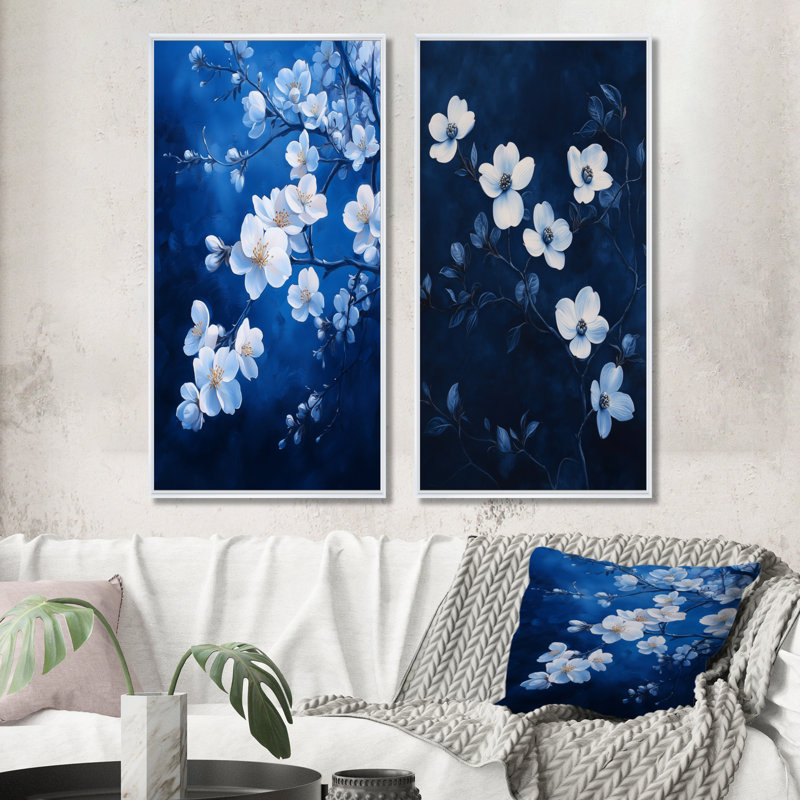Verger de fleurs de pommiers indigo Nuit IV - Décoration murale 2 pièces Fleurs de cerisier, 32" H x 32" W