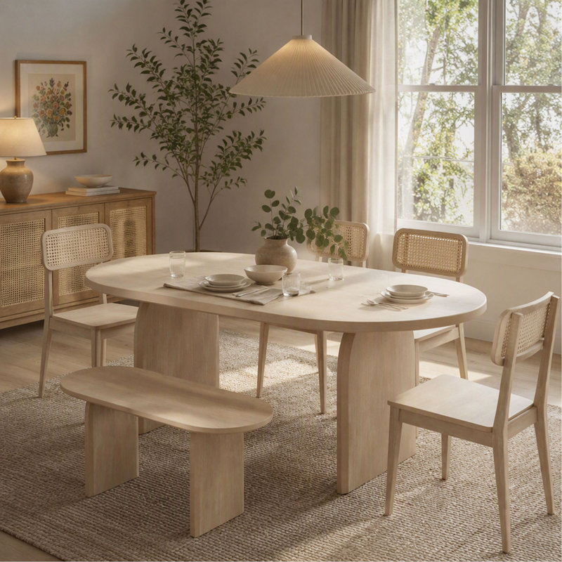 Ensemble de salle à manger 6 pièces avec banc et table de cuisine ovale pour 6 personnes, de style moderne, Natural, Naturel