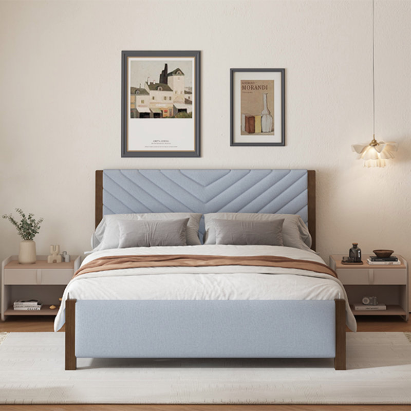Base de lit tapissier moderne de style moderne Mid-Century avec tête de lit capitonnée et pieds en bois massif, sans sommier tapissier, cadre de lit