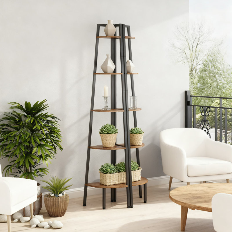 5-Tier Corner Shelf With Metal Frame, Industrial Ladder Display Stand For Living Room, Kitchen, Home Office And Small Spaces
