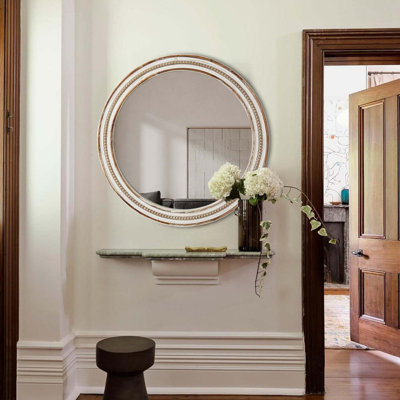 Rustic Beaded Wood Round Wall Mirror, 23.62" Decorative Circle Mirror for Home & Office, Perfect for Living Room, Entryway & Bathroom