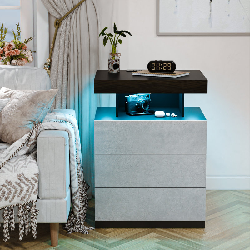 Gray Manufactured Wood Nightstand Set with LED Lights and Wireless Charging