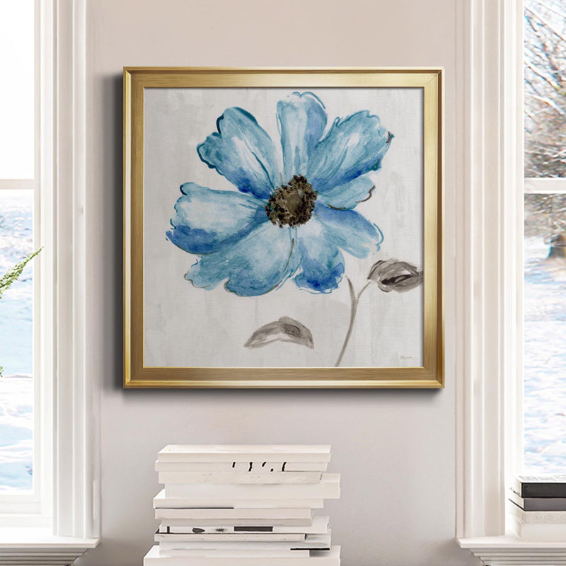 Bleu floral - peinture sur toile encadrée, Or, H 34,5 po x l 34,5 po x P 1,5 po