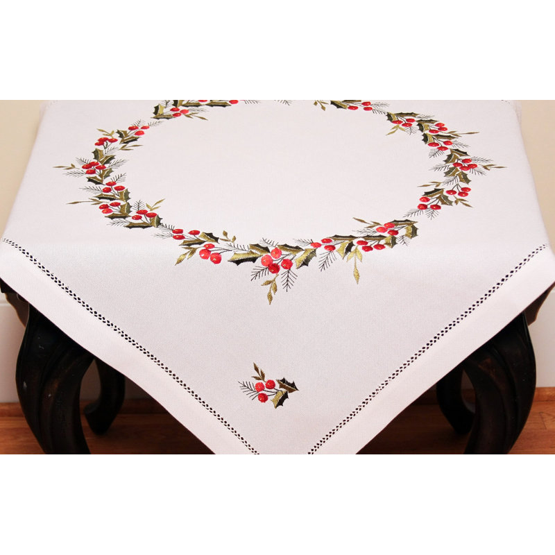 Holly Berry Embroidered Hemstitch Holiday Table Topper