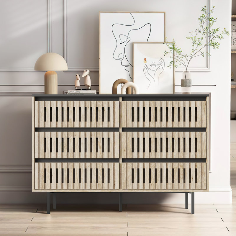 Fluted 6-Drawer Dresser Bedroom Storage Cabinet, Modern Minimalist Two-Tone Design