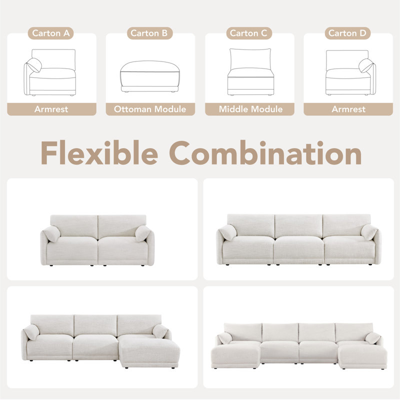 Bodhild 115.7'' Boucle 4 - Piece Modular Sectional with Ottoman, Pearl Boucle