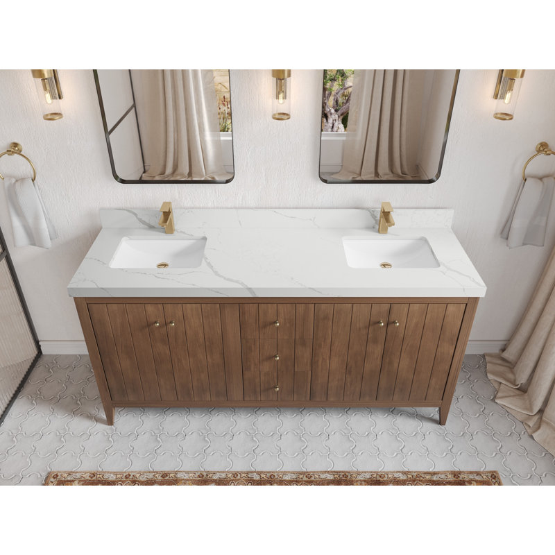 Meuble-lavabo double 72 po avec plateau en quartz Atlanta, Calacatta Laza
