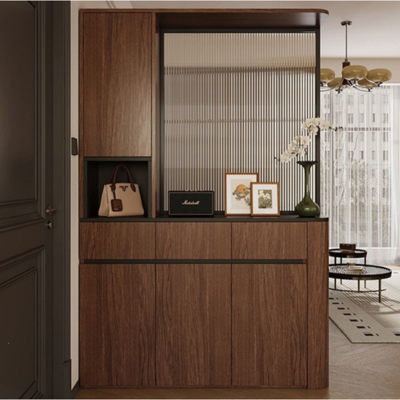 Solid wood, light luxury entryway cabinet with a rounded corner design at the entrance; the integrated shoe cabinet is built into the wall to save space and is extremely versatile.