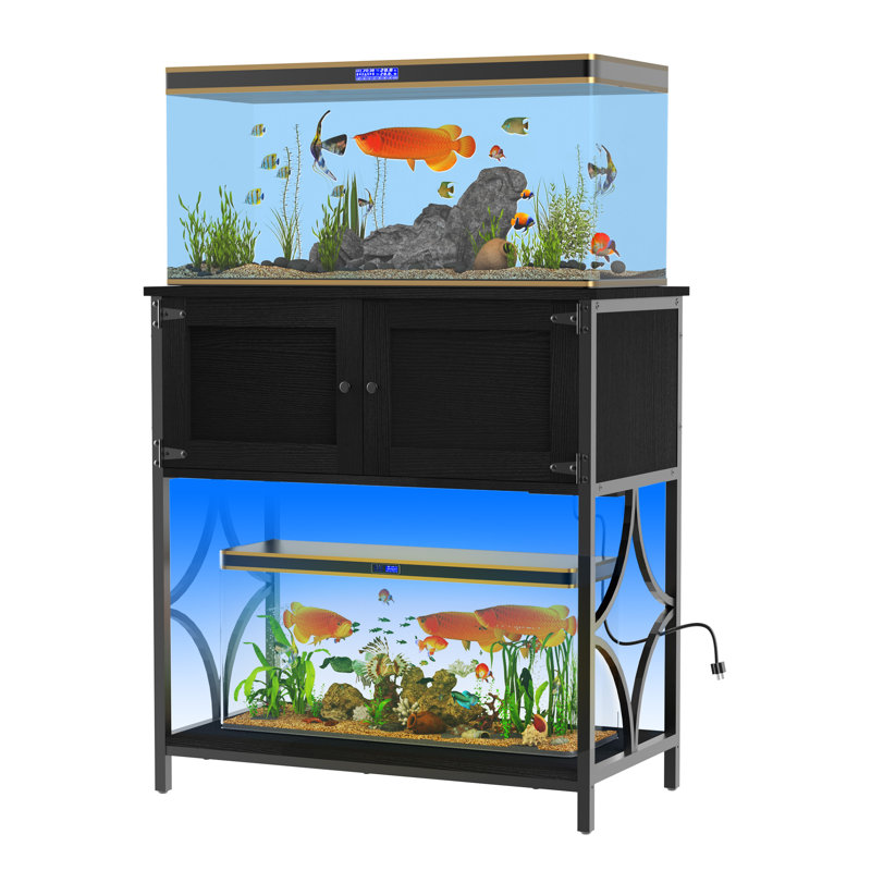 20-29 Gallon Metal Fish Tank Stand - 330LBS Capacity with Power Outlets & LED Light, 30.7"L x 15.7"W, Black