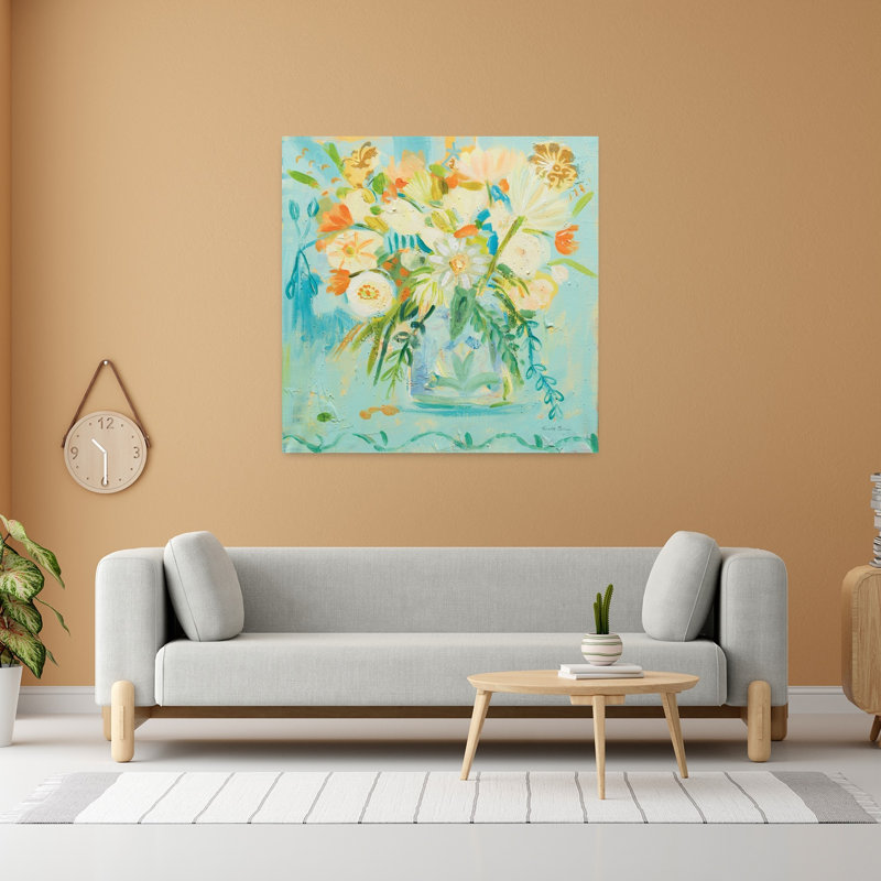 Art contemporain bleu brumeux avec bouquet bleu, H 48 po x l 48 po
