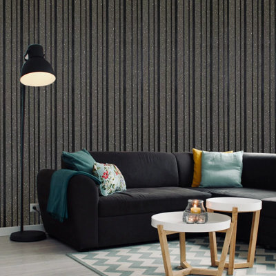 Striped Mica Vermiculite Charcoal Grey Black Lines Modern Natural Wallpaper Roll