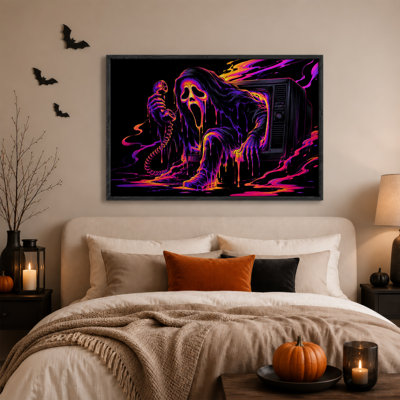 Un fantôme néon émergeant d'une télé rétro tenant une toile murale d'Halloween