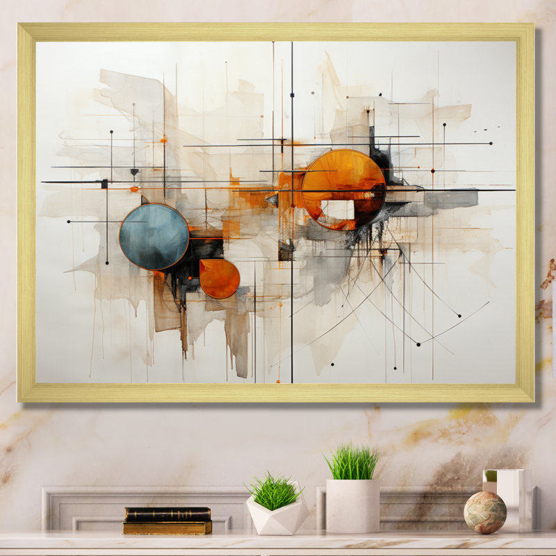Teal Orange Line Art Conceptual Abstracts I - Art mural pour salon, Cadre doré simple, H 12 po x l 20 po x P 1 po