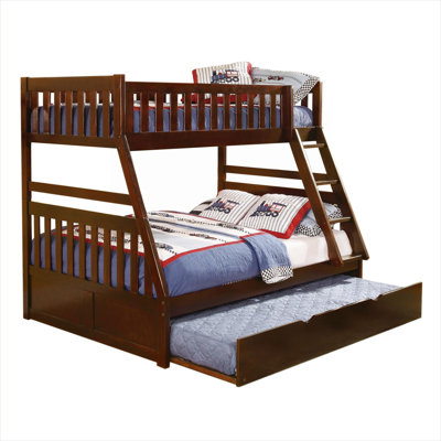 Transitional Style Bunk Bed with Pull-Out Trundle, Youth Bedroom Wood Furniture, Wood-Tone Brown, Twin Over Full Size