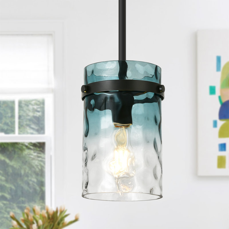 Levona 1-Light Kitchen Island Pendant, Hand-Blown Gradient Blue Water Glass, Height Adjustable, Gradient Blue, Matte Black