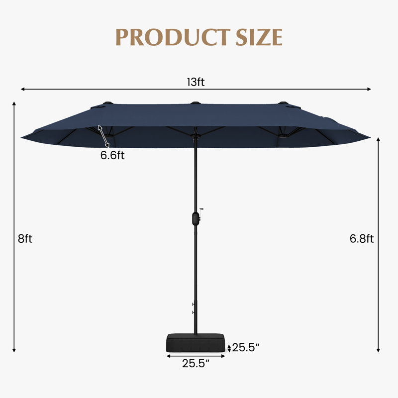 Parasol de patio à double face de 13 pieds avec verrou de sécurité à base de manivelle, Marine