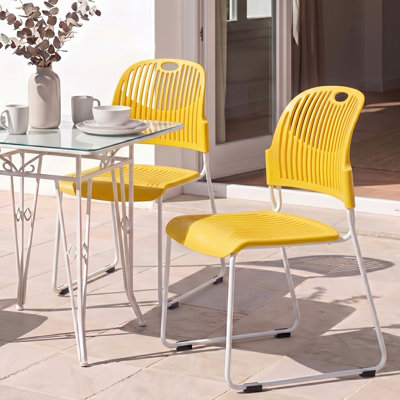  Fully Assembled Plastic Armless Stackable Patio Dining Chairs Set of 2, Stacking Chairs With Metal Frame, Balcony Side Chairs for Indoor & Outdoor Use