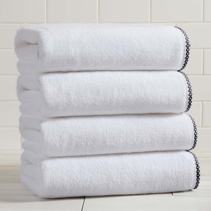 Lightweight Cotton Decorative Border Bath Towel Set, White/Black, Bath Towels - 4 Pack
