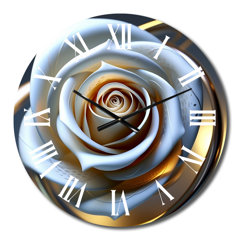 Horloge murale Exquiste - rose blanche avec pétales glamour dorés, Moyenne