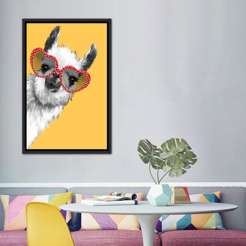Art de llama mode avec verres à hipster, H 60 po x l 40po x P 1,5 po, Toile avec cadre noir patiné