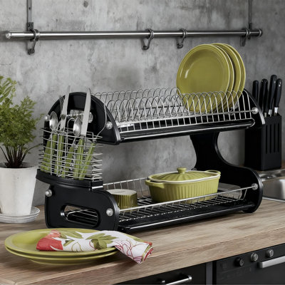 Retro 2-Tier Dish Drying Rack With Space Saving Design, Durable Plastic And Chrome Plated Wire Construction For Easy Assembly