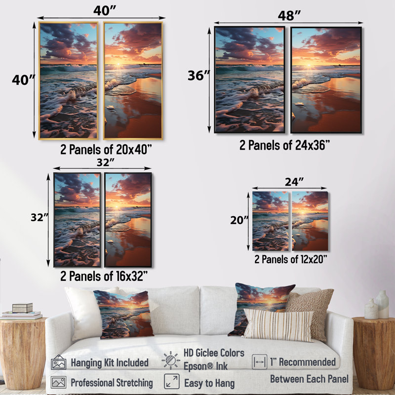 Coucher de soleil Horizon III - Grandes impressions côtières sur toile 2 panneaux, H 40 po x l 40 po, Argent argent