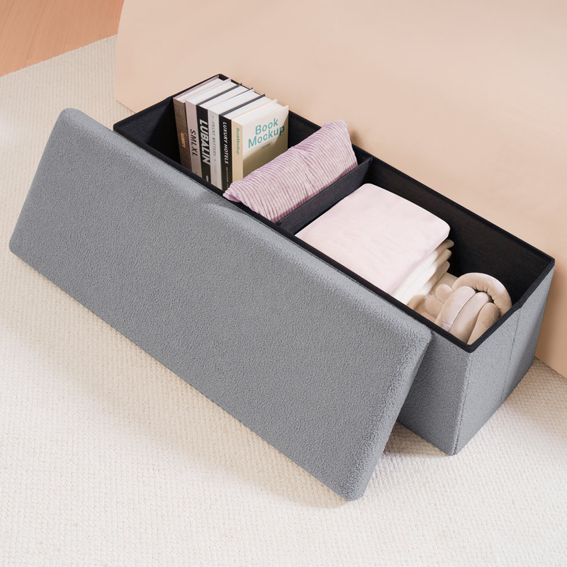 Ottoman with Storage for Living Room, Sherpa Folding Storage Ottoman Foot Rest, Collapsible Bedroom Bench Storage Foldable Boucle Ottoman Bench, Faux Teddy Fur