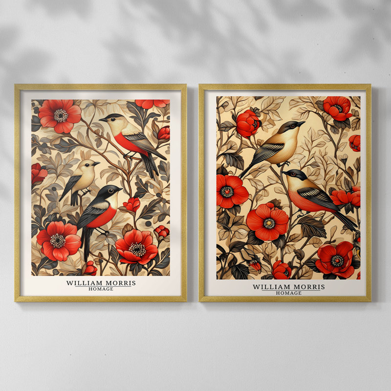 WM MORRIS Series LVII-Premium Framed Print -Ready to Hang - No Nails Required - No Nails Required, 11" H x 18" W, Gold