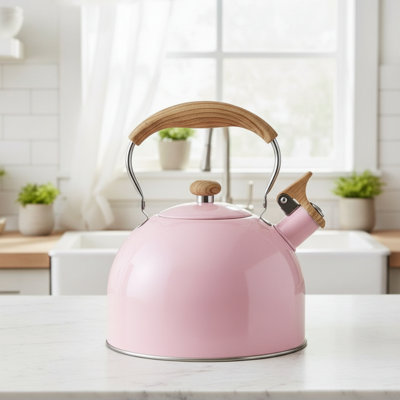 Théière sifflet à poignée pliable en grain de bois, rose, 2,5 pte, acier inoxydable de qualité alimentaire pour cuisinière
