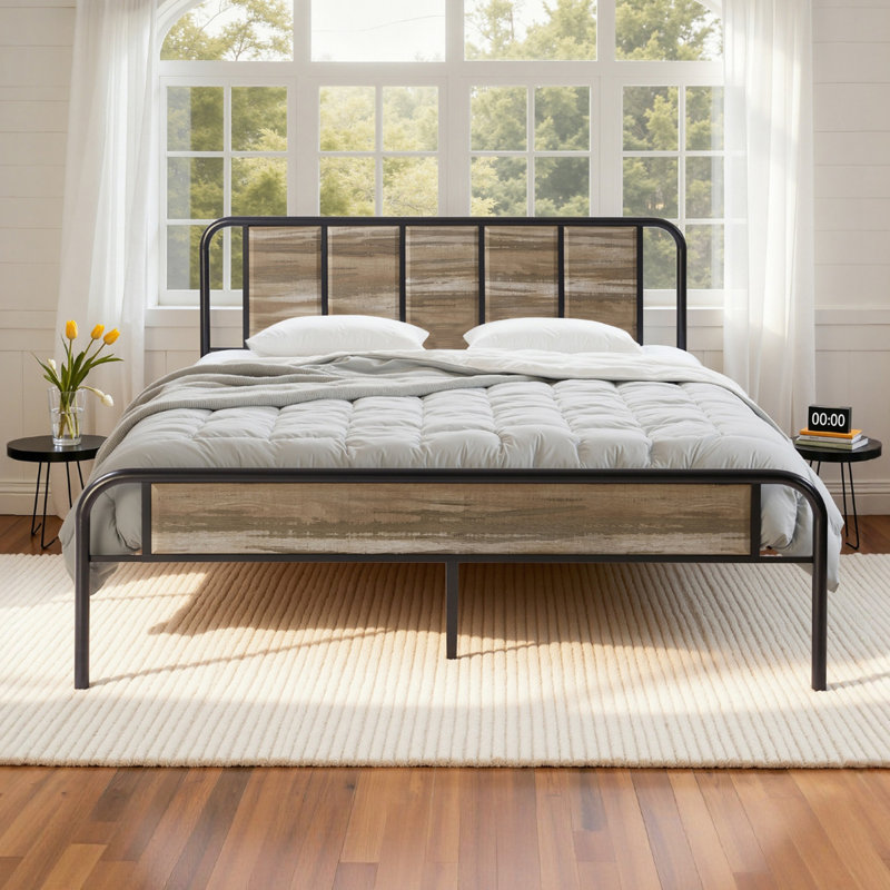 Kempst Queen Size Bed Frame with Wood Headboard and Footboard, Industrial Rustic Queen Metal Platform Bed with Heavy-duty Slats Support, No Box Spring Needed, Slate Gray