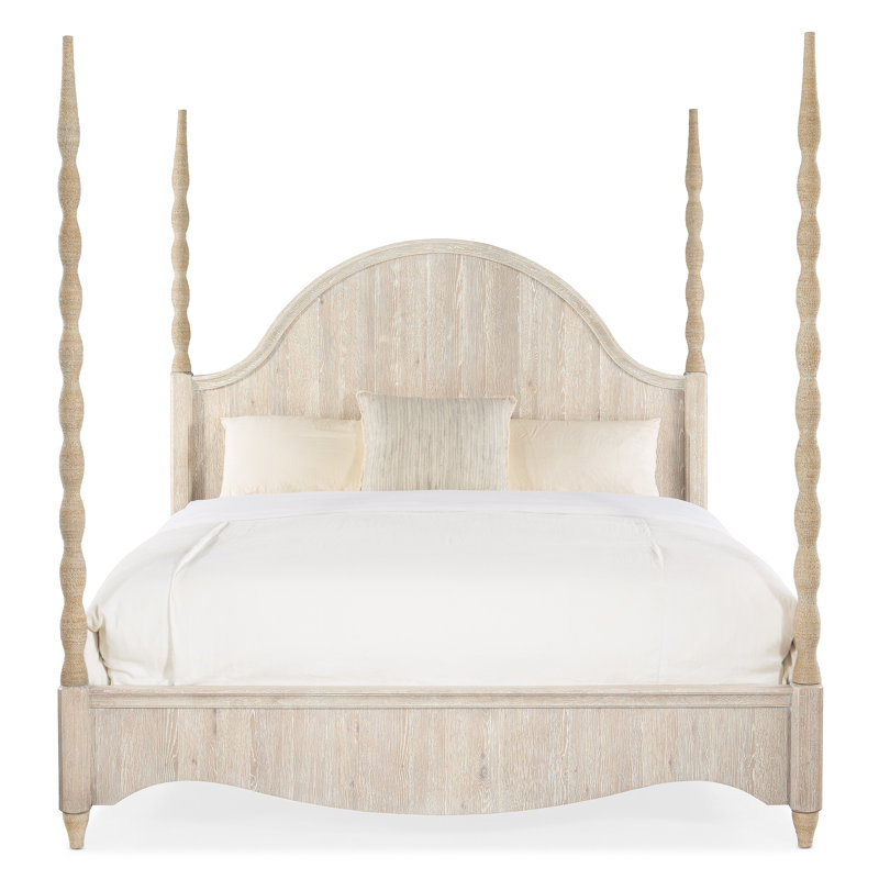 Coastal Charm California King Beige Upholstered Poster Bed with Drawers