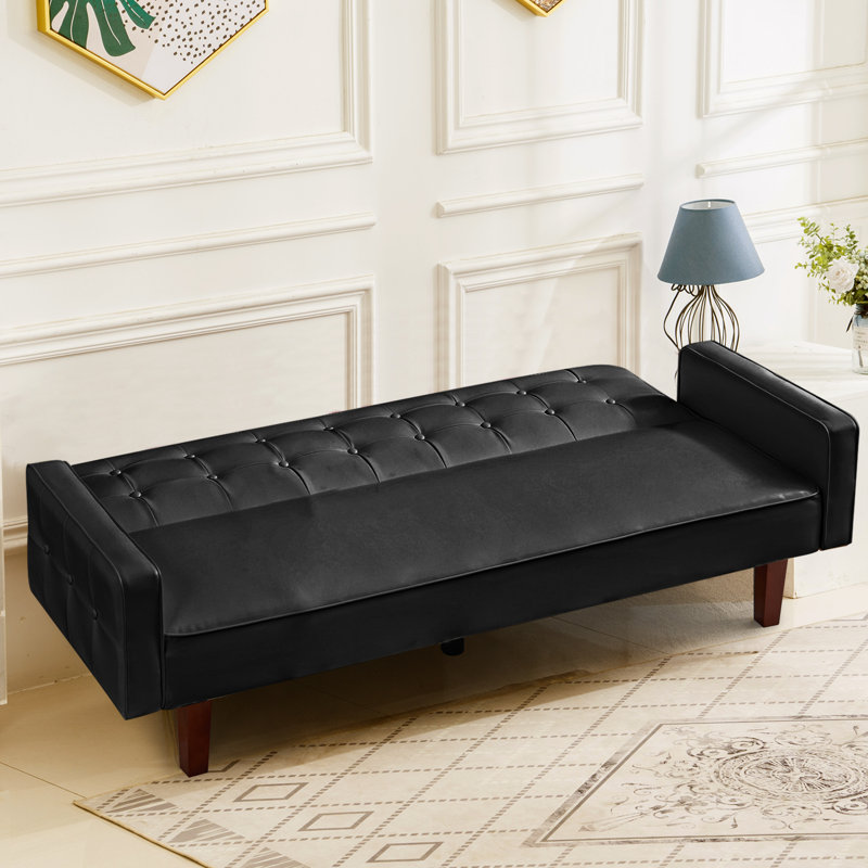 74.4'' Faux Leather Square Arm Sofa Bed, Faux Leather Black, 66.14" W x 28.93" H x 37.79" D