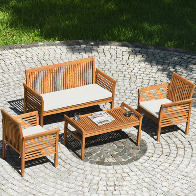 Ensemble de conversation d'extérieur en bois 4 pièces avec coussin Roxbury