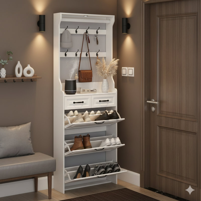 NOUVEAU Armoire de rangement pour chaussures à finition blanche avec trois portes et deux tiroirs, comprend un support et offre une grande capacité de rangement