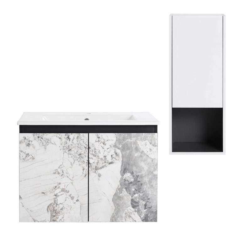 Meuble-lavabo mural avec lavabo en céramique et armoire latérale et portes à fermeture douce, armoire combinée, 30"