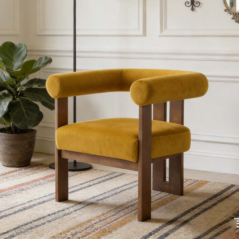 Chaise d'appoint moderne rembourrée avec accoudoirs ronds, Jaune moutarde