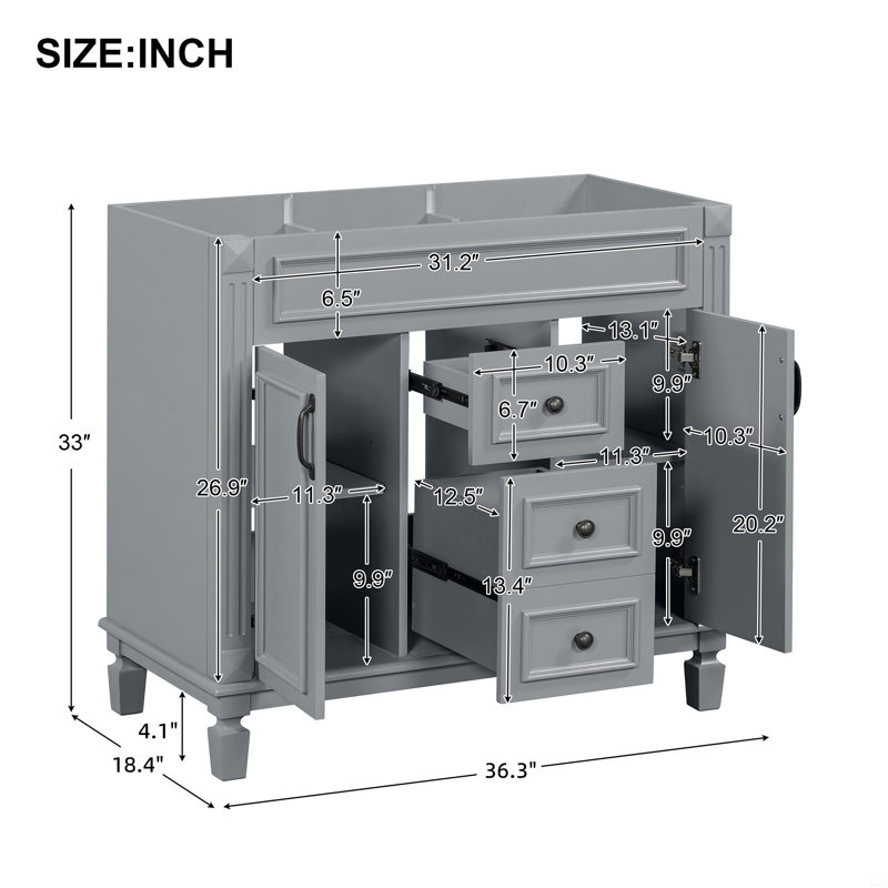 Meuble-lavabo 36 po sans lavabo supérieur, armoire seulement, armoire de rangement avec 2 portes à fermeture douce et 2 tiroirs