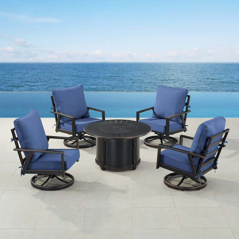 Ensemble de table de foyer en aluminium noir avec quatre fauteuils club, Bleu