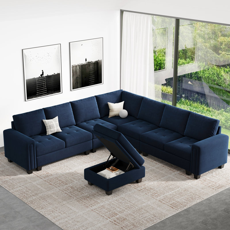 Skerl 7 - Piece Large L Shaped Velvet Modular Sofa Living room Corner Sofa Sectional Couch with Storage Ottoman