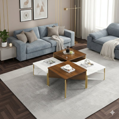 Un ensemble de quatre tables gigognes carrées contemporaines avec une influence moderne Mid-Century. Permet des configurations librement réglables, offrant des meubles d'appoint polyvalents et élégants pour votre salon. Dans une combinaison de couleurs blanc et noyer.