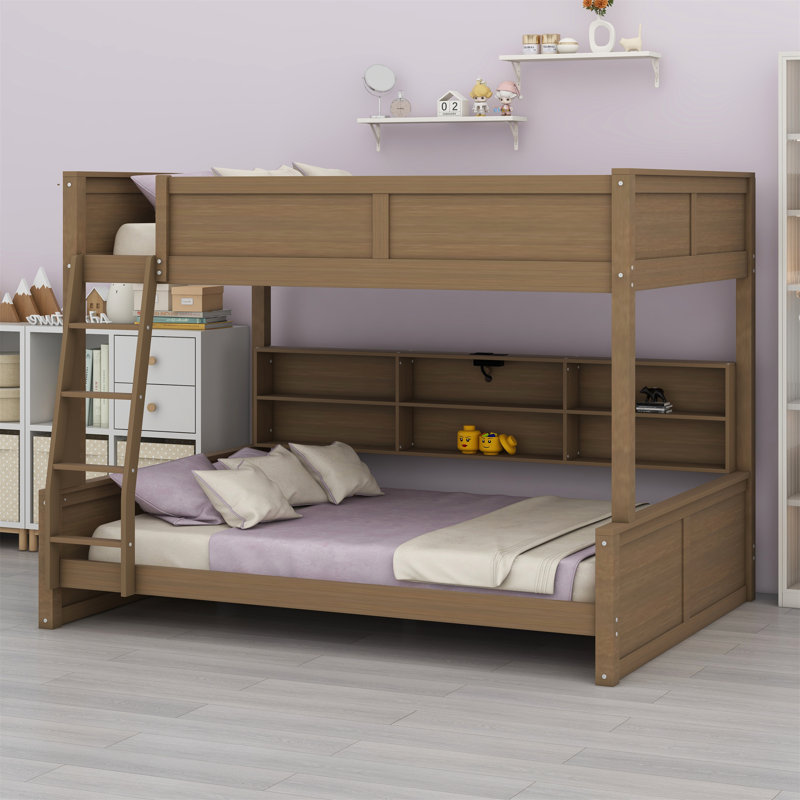 Lit superposé avec armoires de rangement et ports USB, Lit superposé double sur grand, Bois antique