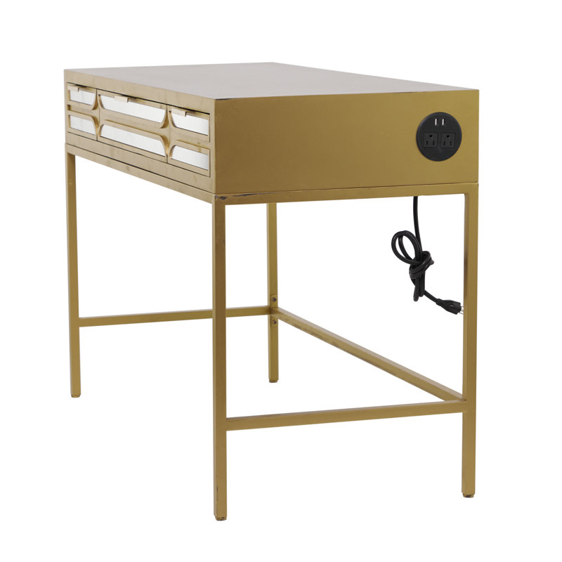 Bureau 3 tiroirs en bois avec façade en miroir et prise Thetisa, Or