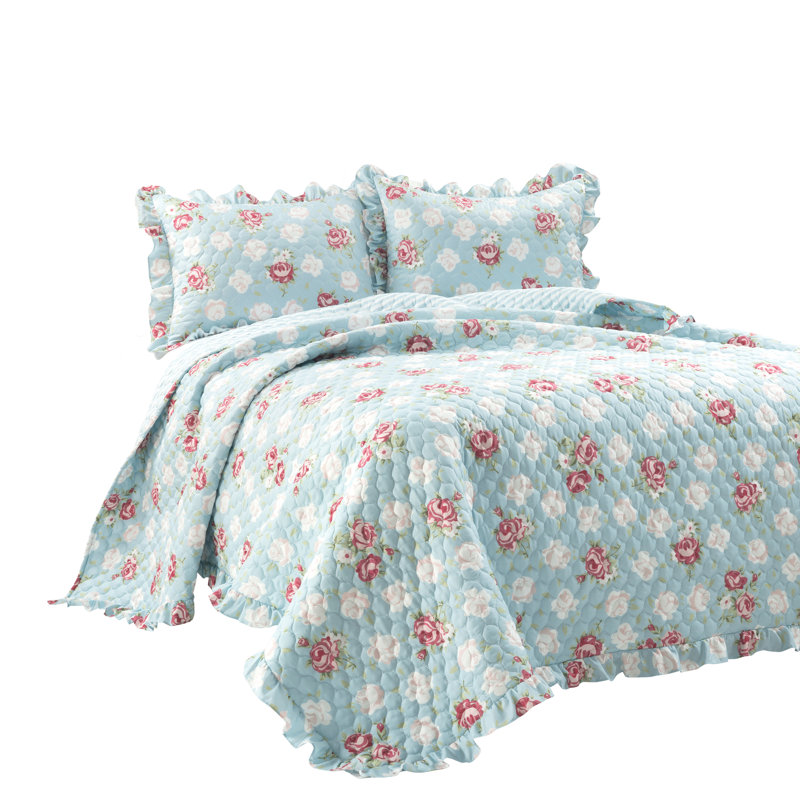 Ensemble de courtepointe réversible en microfibre bleu / rosé 3 pièces, Courtepointe pour grand lit + 2 taies décoratives